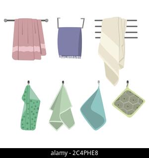 Towels hang on hook for kitchen or bathroom. Fabric wipe, fluffy towel for beauty spa salon, fresh microfiber for shower, domestic cotton, vector illu Stock Vector