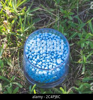 Blue different shape chemical fertilizer granules in glass on green grass. Stock Photo