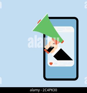 Share post in social media with megaphone. Post share marketing, content network promotion campaign use smartphone. Vector illustration Stock Vector