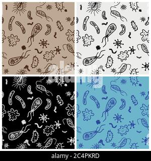 Hand Drawn vector illustrations of many bacteria in different color interpretations. The illustration is seamless in all directions if needed Stock Vector