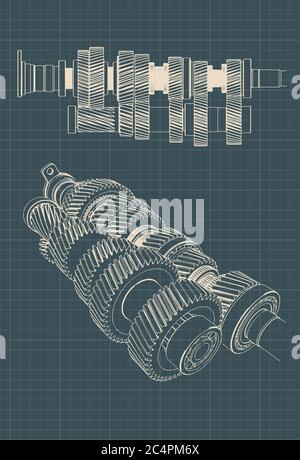Stylized vector illustration of drawings of a mechanical gearbox Stock Vector