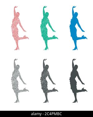 Stylized hand-drawn vector illustration of a dancing girl in different colors and with different line thickness. Stock Vector