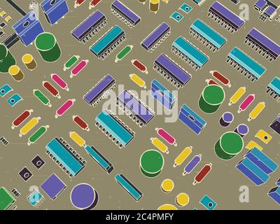 Stylized vector illustration of a printed circuit board with transistors and microelectronics on it in retro style Stock Vector