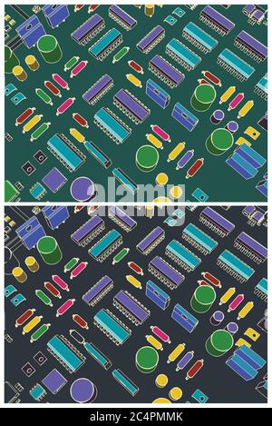 Stylized vector illustration of a printed circuit board with transistors and microelectronics on it in retro style Stock Vector