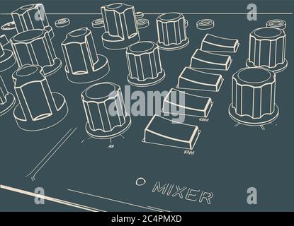 Stylized vector illustration of a Studio equipment mixer close-up with a large number of buttons, switches, light bulbs and other controls Stock Vector