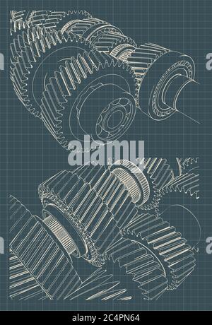Stylized vector illustration of drawings of a mechanical gearbox Stock Vector