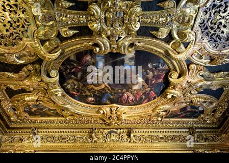 Venice, Italy - May 20, 2017: Detail of the nterior of ornate Doge's Palace or Palazzo Ducale. Doge's Palace is one of the main landmarks of Venice. L Stock Photo