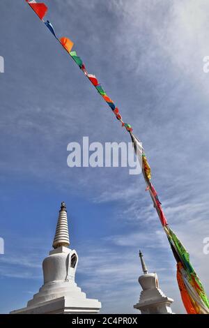 Lung ta-Wind Horse-Buddhist prayer flags-white stupas. Thirty-three Heaven Grottoes-MatiSi temple-Zhangye-Gansu-China-0958 Stock Photo