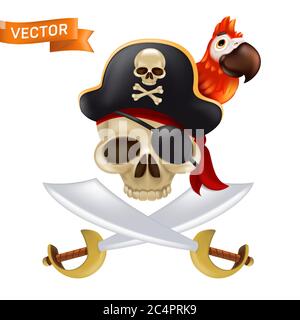 A pirate skull with crossed swords or sabres in a captain's cap with a red parrot. Funny vector illustration of Jolly Roger with a red bandana and bla Stock Vector