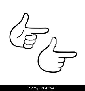 Cartoon hand gesture showing finger guns. Simple black and white comic drawing. Isolated vector illustration. Stock Vector