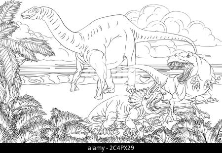 Dinosaur Scene Cartoon Coloring Book Page Stock Vector