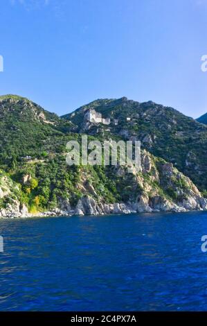 Simonos Petra Monastery, Mount Athos, Orthodox Monastery view, Greece Stock Photo