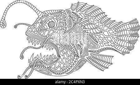 Coloring book page with angler fish on white background Stock Vector