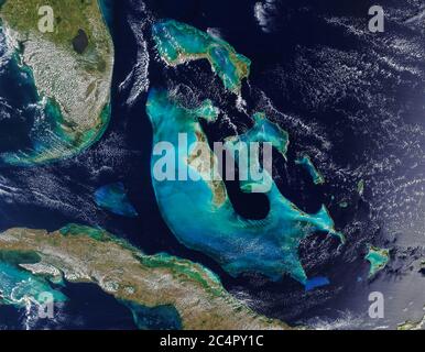 Great Bahama Bank, April 4, 2020 The Bahama Banks are the submerged carbonate platforms that make up much of the Bahama Archipelago. Stock Photo