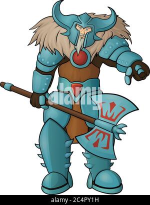 Strong cartoon fantasy warrior in heavy armour with big axe on white background Stock Vector