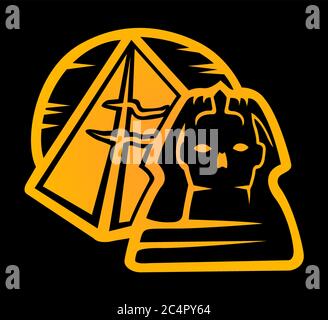 Orange icon with symbols of Egypt sphinx, pyramid and sun on black background Stock Vector