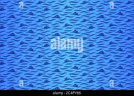 Simple beautiful blue seamless pattern with water surface and fishes heads Stock Vector
