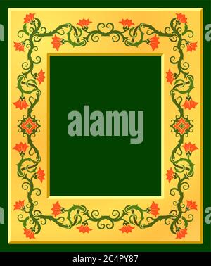 Beautiful golden frame with floral pattern on green background Stock Vector