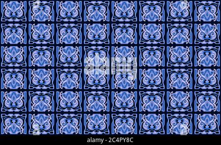 Old style blue seamless pattern with stylized owl heads Stock Vector