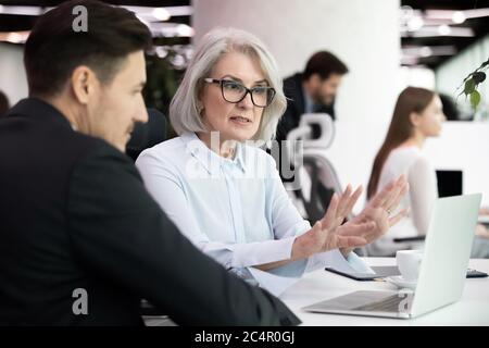 Senior business woman consulting businessman using laptop Stock Photo