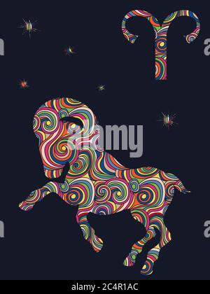 Zodiac sign Aries fill with colorful muted wavy shapes on the dark gray background with stars and astrological symbols, vector illustration Stock Vector