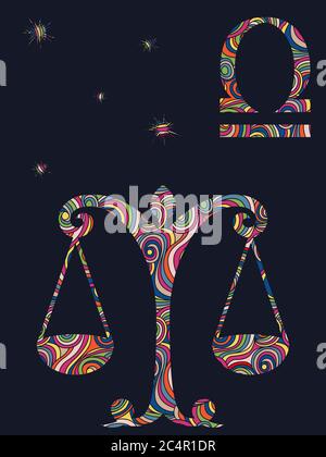 Zodiac sign Libra fill with colorful muted wavy shapes on the dark gray background with stars and astrological symbols, vector illustration Stock Vector