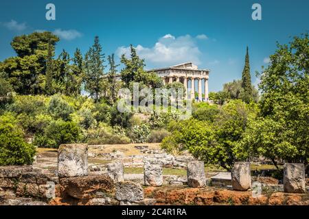 Temple of Hephaestus, Athens, Greece. It is one of the main landmarks of Athens. Scenic panoramic view of ancient Greek Agora with Temple of Hephaestu Stock Photo