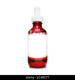 red bottle with pipette. dropper bottle with serum. cosmetic oil on white background. essential oils isolated. natural oil bottle. Stock Photo