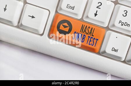 Handwriting text writing Nasal Swab Test. Conceptual photo diagnosing an upper respiratory tract infection through nasal secretion White pc keyboard w Stock Photo