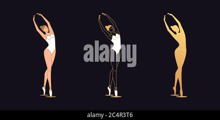 Golden ballerina woman in outline style. Set of silhouette, Ballet dancer leans slightly aside with arms raised above the head. Ballet posture, posing Stock Vector