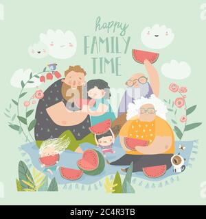 Happy family eating watermelon in the park Stock Vector