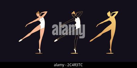 Golden ballerina woman in outline style. Set of silhouette, Ballet dancer stands on one leg, outstretched leg and arm aside. Ballet posture, posing, d Stock Vector