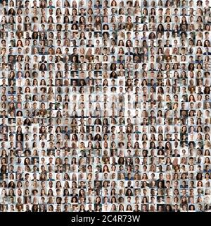 Lot of different multiracial people faces in square collage mosaic Stock Photo