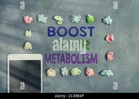 Writing note showing Boost Your Metabolism. Business concept for body process uses to make and burn energy from food Paper accessories with smartphone Stock Photo