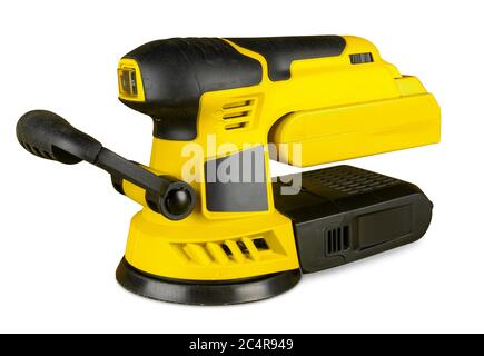 yellow electric wood random orbital sander isolated on white background. sanding machine carpentry construction diy concept. Stock Photo