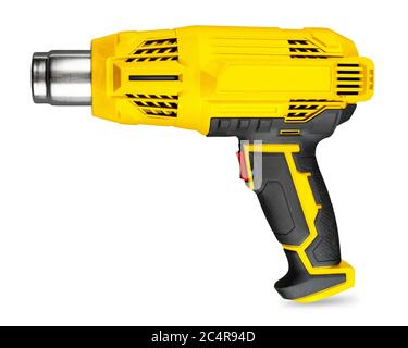 yellow electric air heat gun blower car wrapping machine isolated on white background. industrial construction diy concept. Stock Photo