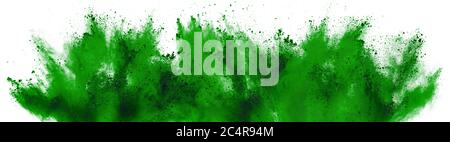 bright green holi paint color powder festival explosion isolated on white background. industrial print concept background Stock Photo