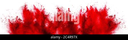 bright red holi paint color powder festival explosion isolated on white background. industrial print concept background Stock Photo
