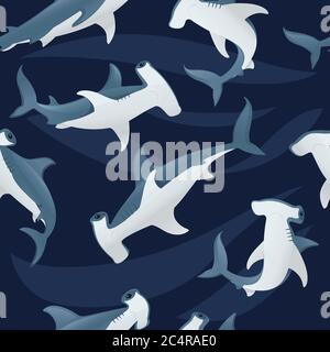 Seamless pattern of hammerhead shark underwater giant animal simple cartoon character design flat vector illustration on dark blue background Stock Vector