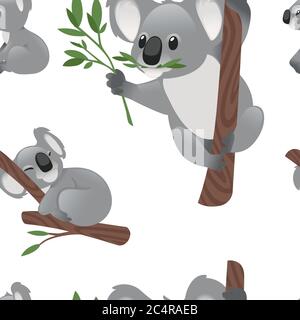 Seamless pattern of cute grey koala bear in different poses eating sleeping leaves cartoon animal design flat vector illustration on white background Stock Vector