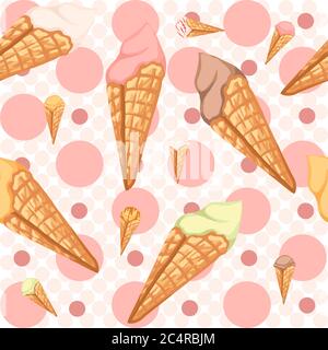 Seamless pattern of ice cream flavors in waffle cones with different color flat vector illustration on pink dotted background Stock Vector