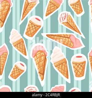 Seamless pattern of ice cream flavors in waffle cones with different color flat vector illustration on turquoise dotted background Stock Vector