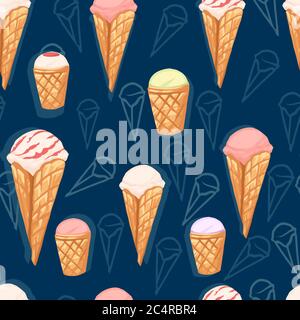 Seamless pattern of ice cream flavors in waffle cones with different color flat vector illustration on blue dotted background Stock Vector