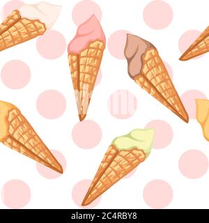 Seamless pattern of ice cream flavors in waffle cones with different color flat vector illustration on pink dotted background Stock Vector