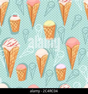 Seamless pattern of ice cream flavors in waffle cones with different color flat vector illustration on turquoise dotted background Stock Vector