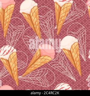 Seamless pattern of ice cream flavors in waffle cones with different color flat vector illustration on pink dotted background Stock Vector