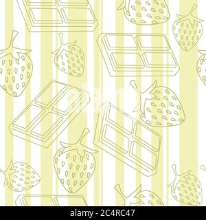 Seamless pattern of chocolate bars and strawberries flat vector illustration on green and white striped background outline style Stock Vector