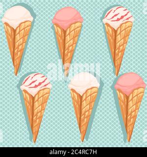 Seamless pattern of ice cream flavors in waffle cones with different color flat vector illustration on turquoise dotted background Stock Vector
