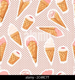 Seamless pattern of ice cream flavors in waffle cones with different color flat vector illustration on pink dotted background Stock Vector
