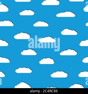 Seamless pattern of white clouds with shadows in flat style on light blue background. Stock Vector